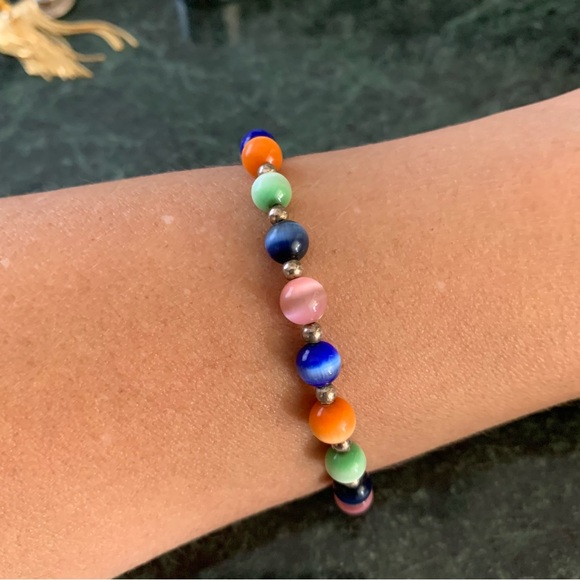 Multicolor Cats Eye And Beaded Sterling Silver Bracelet With Charm Toggle 7.25” - Picture 6 of 7